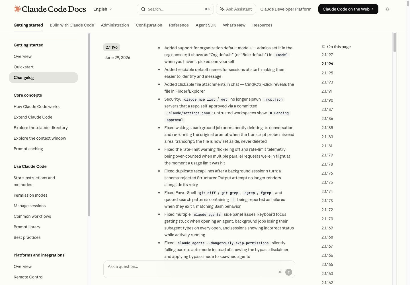 Screenshot of official Claude Code changelog around version 2.1.196.