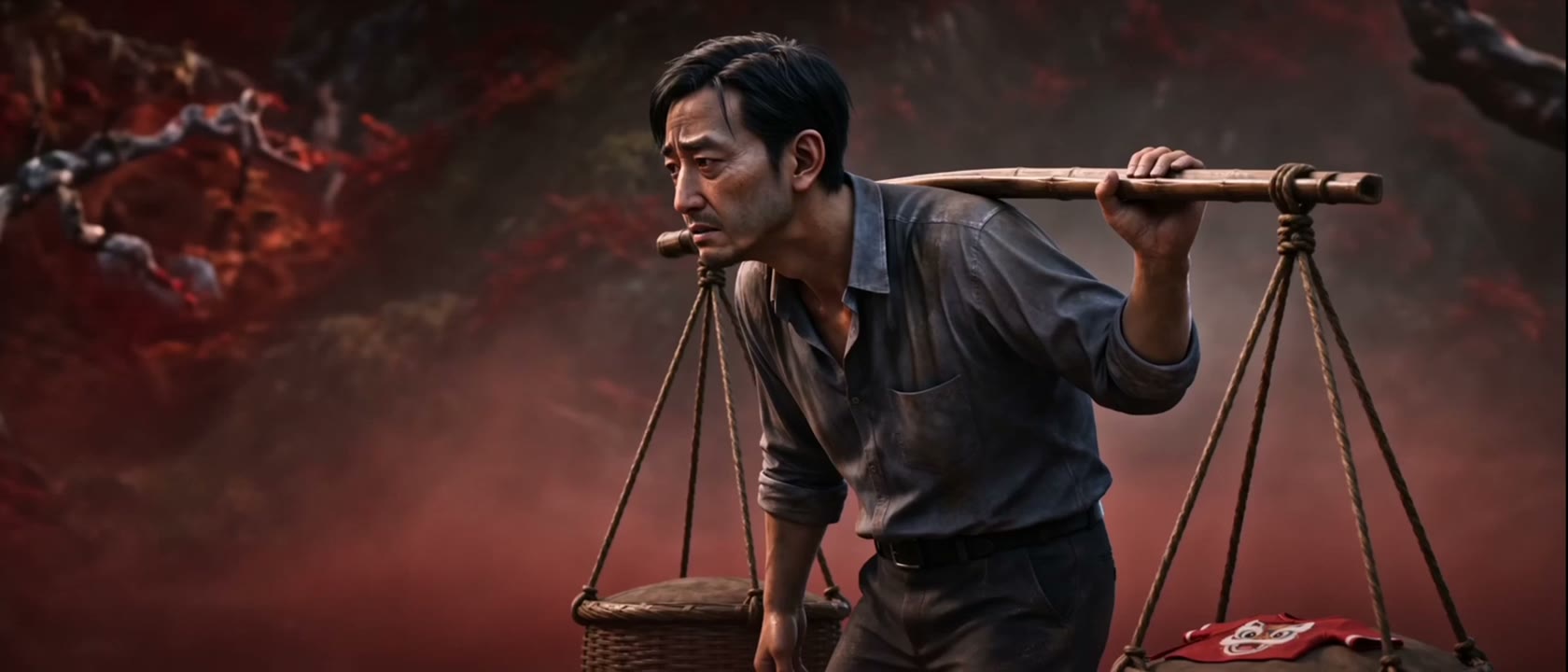 第二轮制作后的成片截图：主角挑着两只沉重的担子向前走