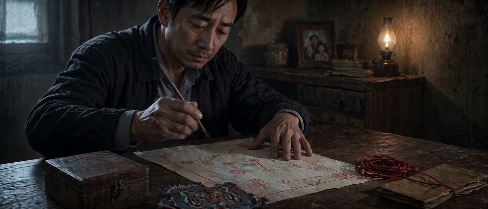 《再打白骨精》成片截图：主角在油灯下把未来的安排画成一张图